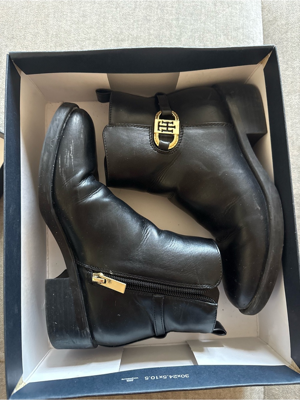 Tommy Hilfiger Black Leather Ankle Booties with Gold Logo Accent